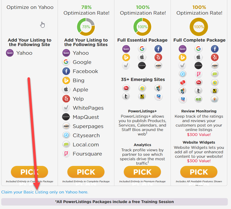 Yahoo Business Listing Pricing Options